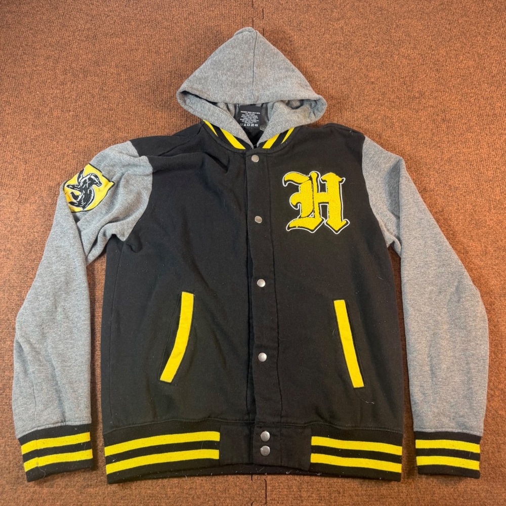 Harry Potter Hufflepuff Varsity Jacket Hooded Snap Front Black Grey Yellow S